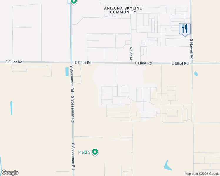 map of restaurants, bars, coffee shops, grocery stores, and more near 19455 East Elliot Road in Mesa