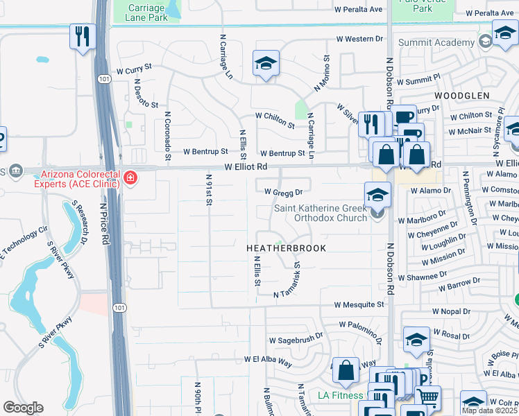 map of restaurants, bars, coffee shops, grocery stores, and more near 2936 North Ellis Street in Chandler