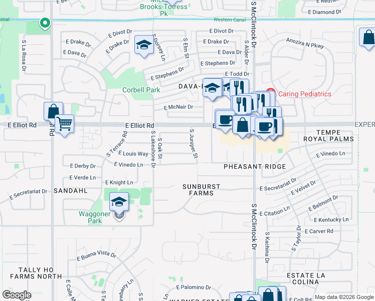 map of restaurants, bars, coffee shops, grocery stores, and more near 1340 East Krista Way in Tempe