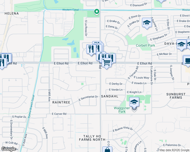 map of restaurants, bars, coffee shops, grocery stores, and more near 693 East Sunburst Lane in Tempe