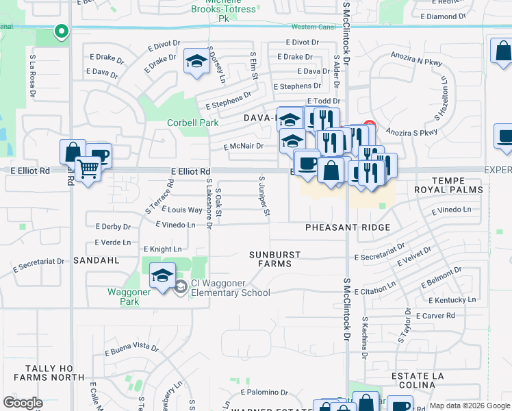 map of restaurants, bars, coffee shops, grocery stores, and more near 1340 East Krista Way in Tempe
