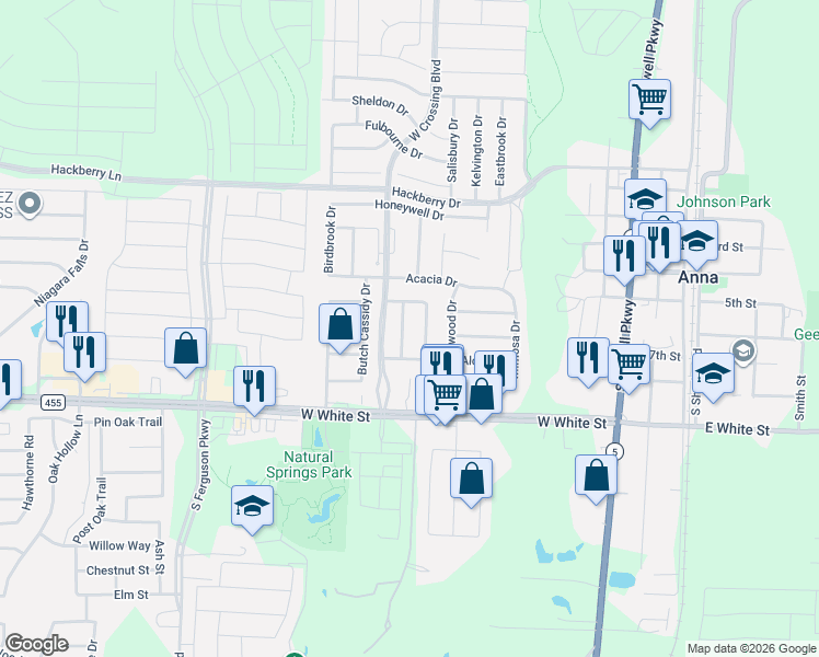 map of restaurants, bars, coffee shops, grocery stores, and more near 300 Acklington Drive in Anna