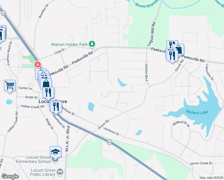 map of restaurants, bars, coffee shops, grocery stores, and more near 468 Louise Way in Locust Grove