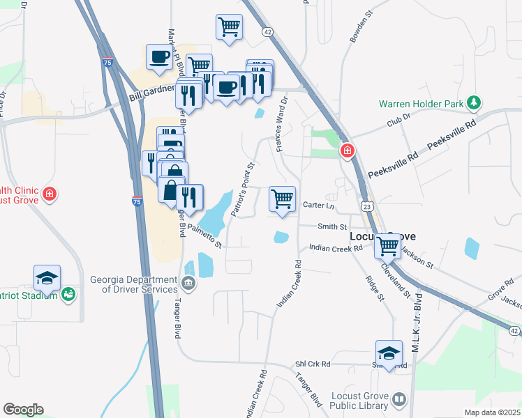 map of restaurants, bars, coffee shops, grocery stores, and more near 1031 Allegiance Drive in Locust Grove