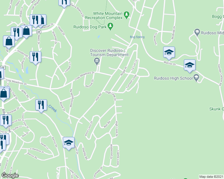 map of restaurants, bars, coffee shops, grocery stores, and more near 108 Nogal Place in Ruidoso