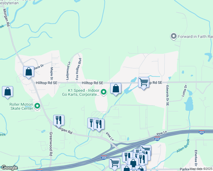 map of restaurants, bars, coffee shops, grocery stores, and more near 3773 Hilltop Road Southeast in Bessemer