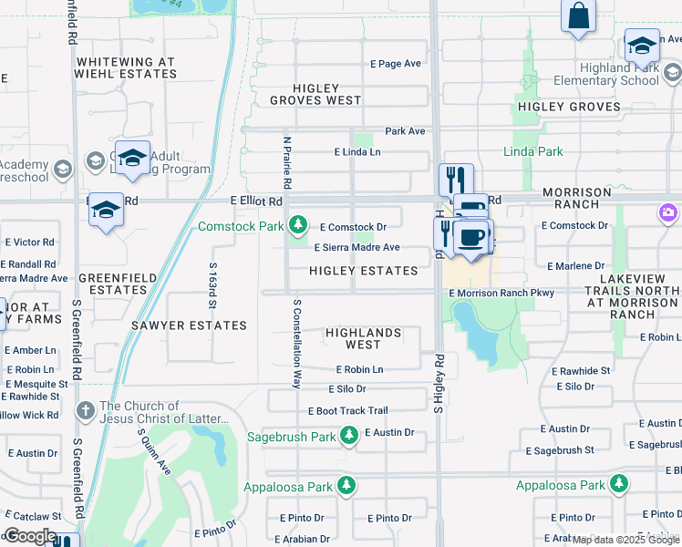 map of restaurants, bars, coffee shops, grocery stores, and more near 2988 East Marlene Drive in Gilbert