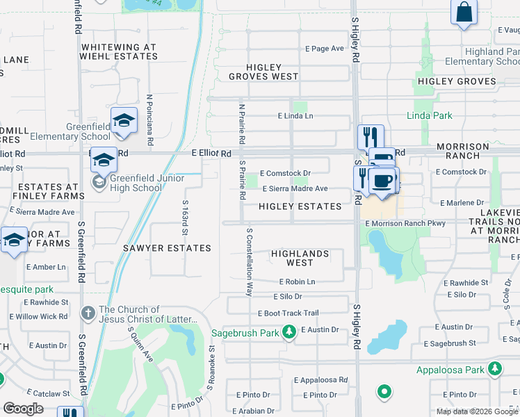 map of restaurants, bars, coffee shops, grocery stores, and more near 2924 East Marlene Drive in Gilbert