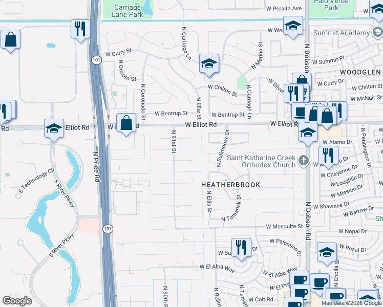 map of restaurants, bars, coffee shops, grocery stores, and more near 2521 West Gregg Drive in Chandler
