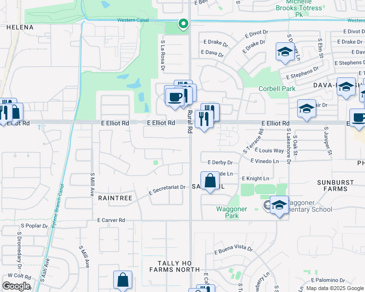 map of restaurants, bars, coffee shops, grocery stores, and more near 821 East Sunburst Lane in Tempe