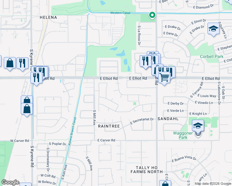 map of restaurants, bars, coffee shops, grocery stores, and more near 222 East Krista Way in Tempe