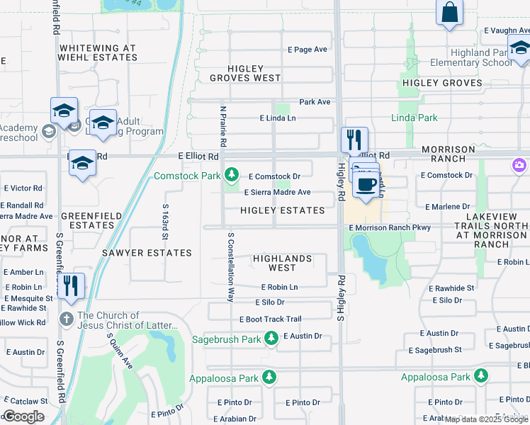 map of restaurants, bars, coffee shops, grocery stores, and more near 2988 East Marlene Drive in Gilbert