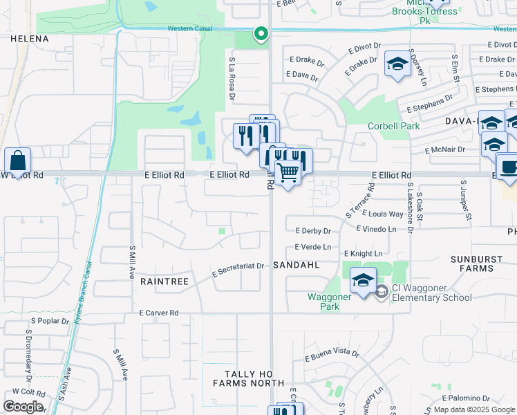 map of restaurants, bars, coffee shops, grocery stores, and more near 821 East Sunburst Lane in Tempe
