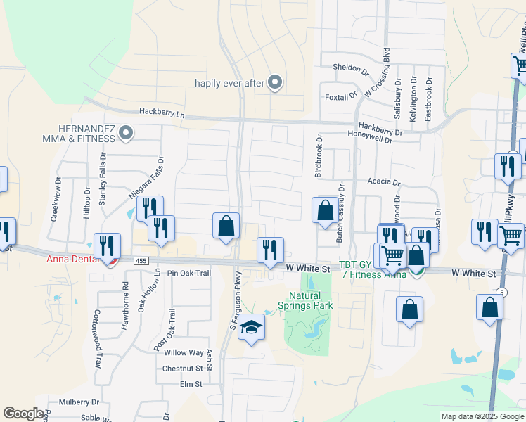map of restaurants, bars, coffee shops, grocery stores, and more near 1412 Deerfield Drive in Anna