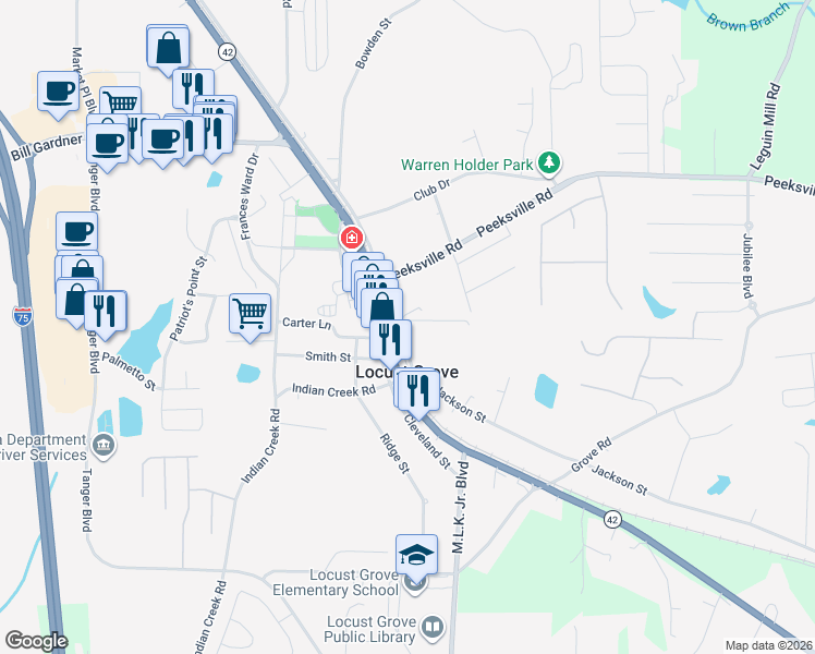 map of restaurants, bars, coffee shops, grocery stores, and more near 661 Jackson Street in Locust Grove