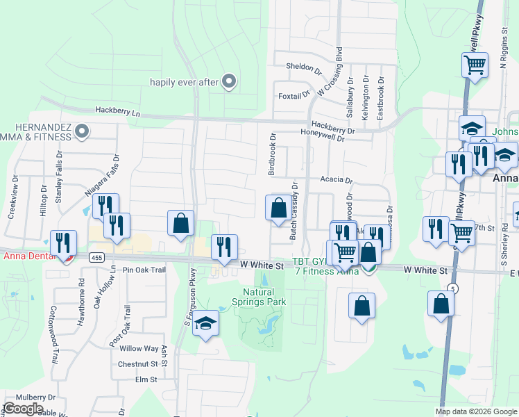 map of restaurants, bars, coffee shops, grocery stores, and more near 313 Waterton Drive in Anna