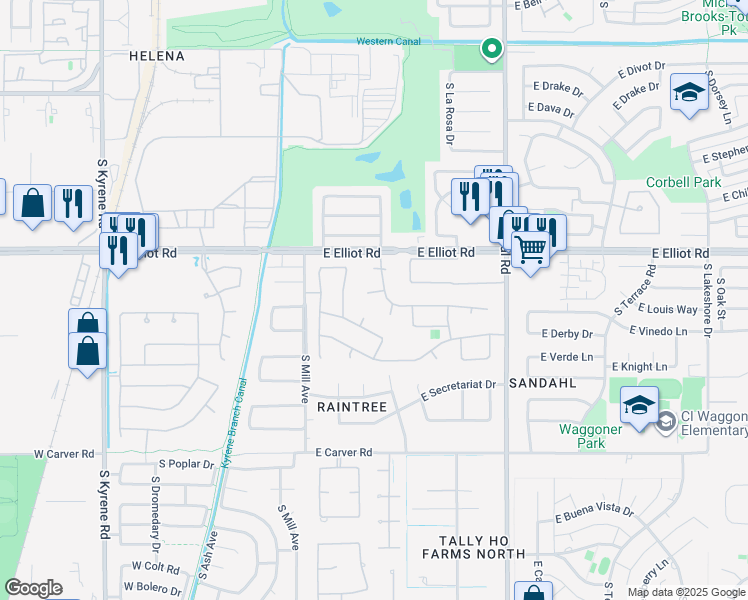 map of restaurants, bars, coffee shops, grocery stores, and more near 222 East Krista Way in Tempe