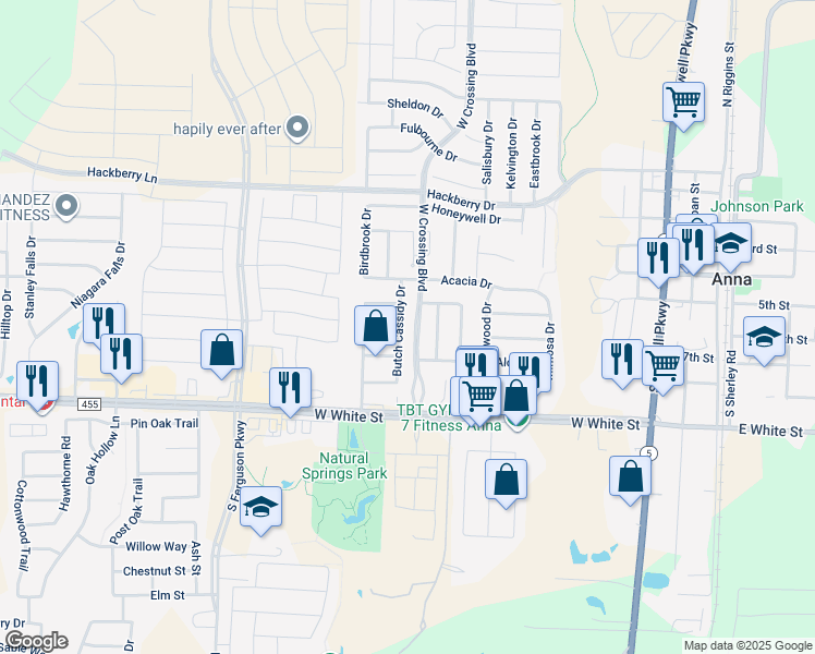 map of restaurants, bars, coffee shops, grocery stores, and more near 321 Butch Cassidy Drive in Anna