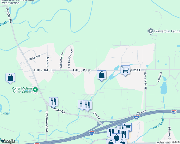 map of restaurants, bars, coffee shops, grocery stores, and more near 3773 Hilltop Road Southeast in Bessemer