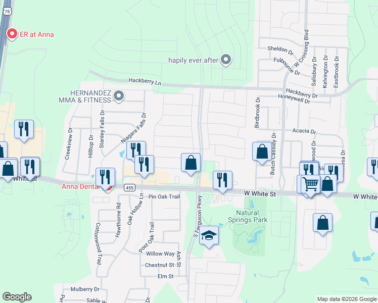 map of restaurants, bars, coffee shops, grocery stores, and more near 317 Laurenbrooke Drive in Anna