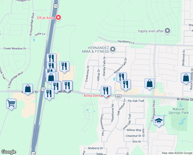 map of restaurants, bars, coffee shops, grocery stores, and more near 416 Hilltop Drive in Anna