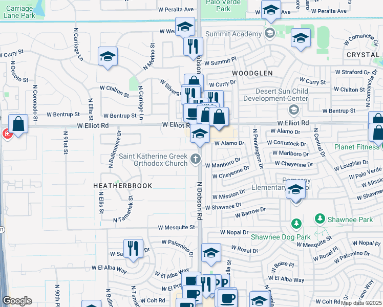 map of restaurants, bars, coffee shops, grocery stores, and more near 2814 North Dobson Road in Chandler