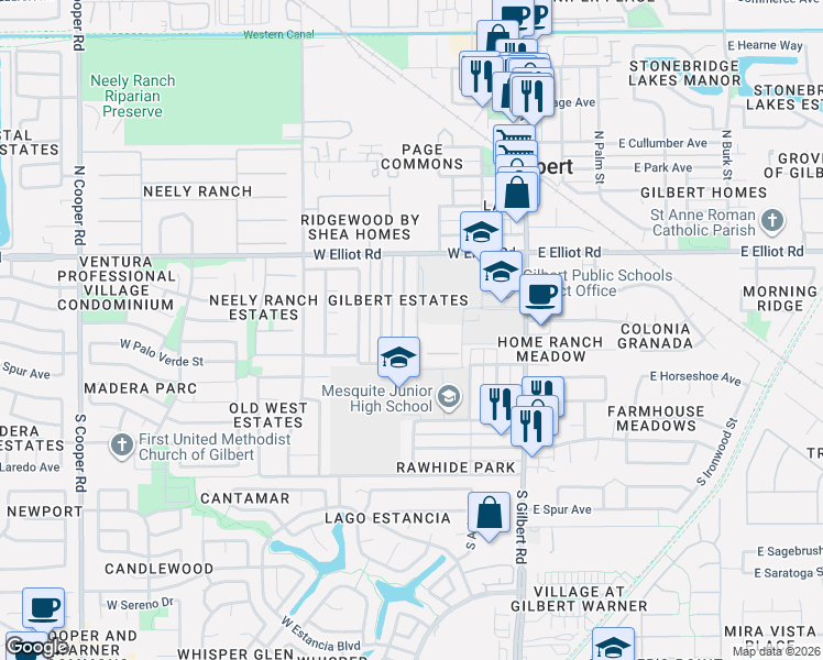 map of restaurants, bars, coffee shops, grocery stores, and more near 107 South Catalina Street in Gilbert
