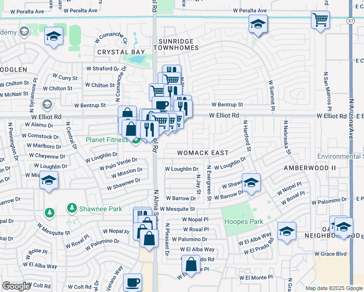 map of restaurants, bars, coffee shops, grocery stores, and more near 963 West Elliot Road in Chandler