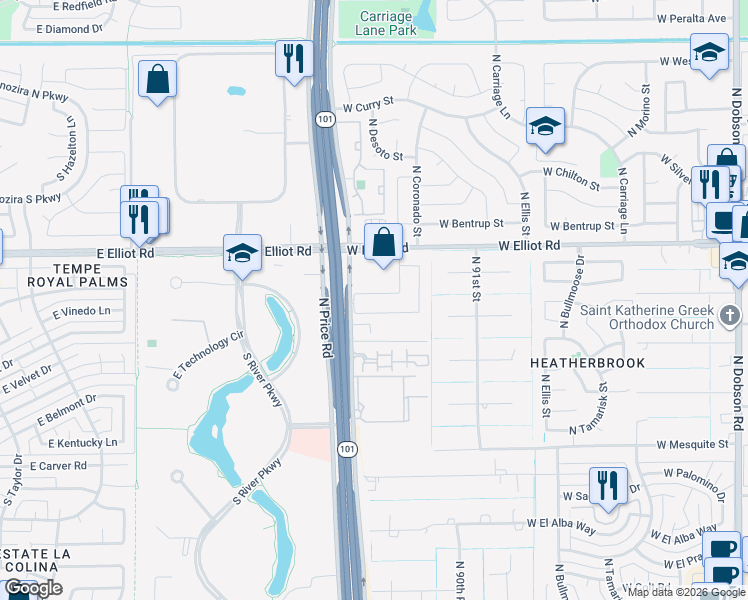 map of restaurants, bars, coffee shops, grocery stores, and more near 2978 West Comstock Drive in Chandler