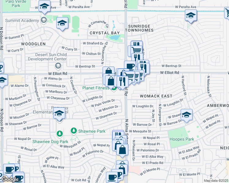 map of restaurants, bars, coffee shops, grocery stores, and more near 2982 North Alma School Road in Chandler
