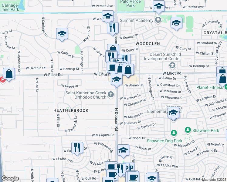 map of restaurants, bars, coffee shops, grocery stores, and more near 2814 North Dobson Road in Chandler