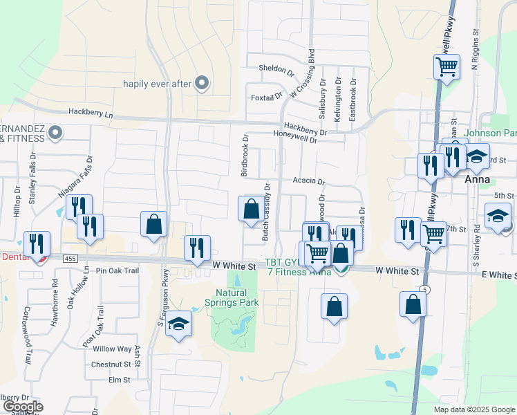 map of restaurants, bars, coffee shops, grocery stores, and more near 1110 Batt Masterson Drive in Anna