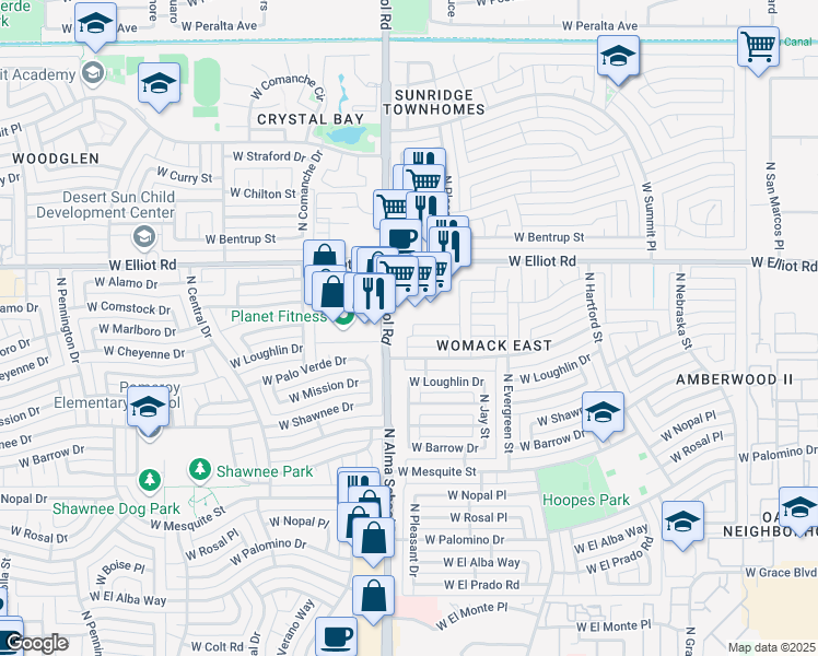 map of restaurants, bars, coffee shops, grocery stores, and more near 920 West Marlboro Circle in Chandler