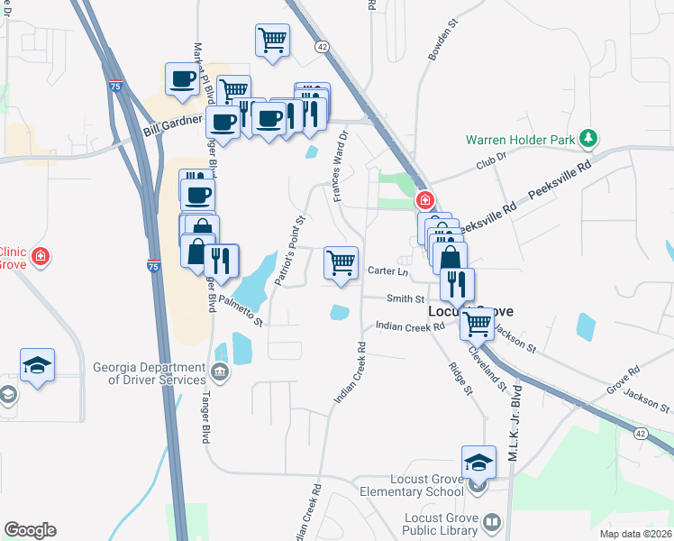 map of restaurants, bars, coffee shops, grocery stores, and more near 1111 Jury Court in Locust Grove