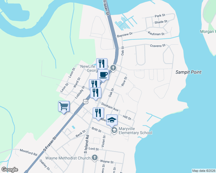 map of restaurants, bars, coffee shops, grocery stores, and more near 1712 B South Island Road in Georgetown
