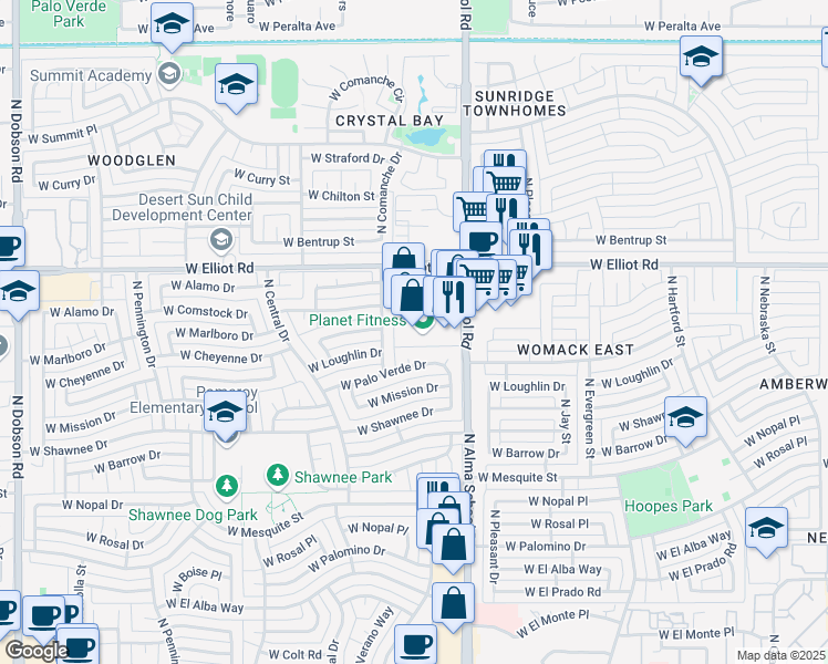 map of restaurants, bars, coffee shops, grocery stores, and more near 2982 North Alma School Road in Chandler
