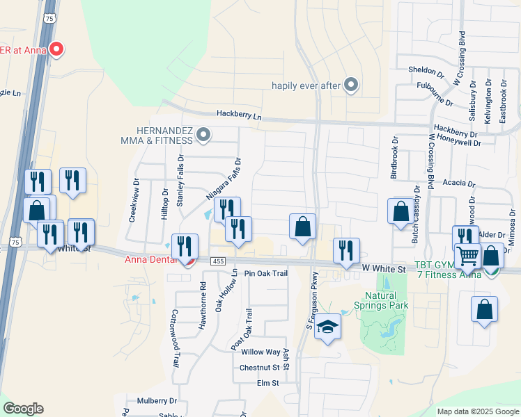 map of restaurants, bars, coffee shops, grocery stores, and more near 1809 Westfall Drive in Anna