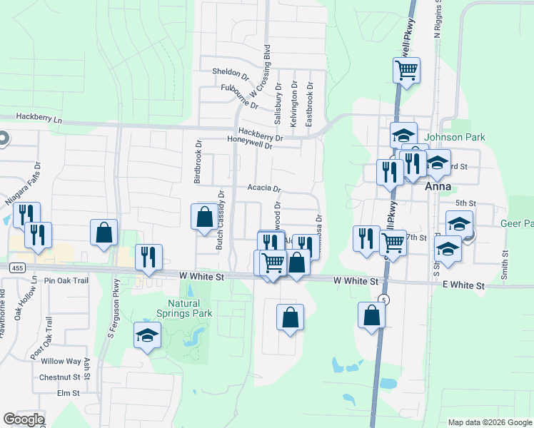 map of restaurants, bars, coffee shops, grocery stores, and more near 317 Acklington Drive in Anna
