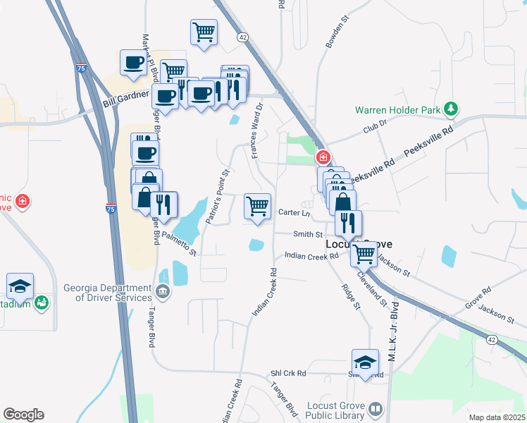 map of restaurants, bars, coffee shops, grocery stores, and more near 930 Justice Drive in Locust Grove