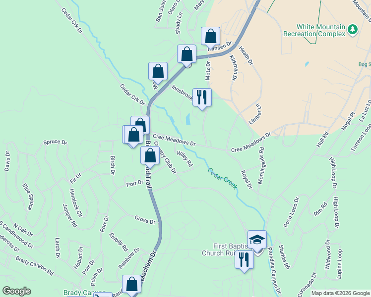 map of restaurants, bars, coffee shops, grocery stores, and more near 112A Cree Meadows Drive in Ruidoso