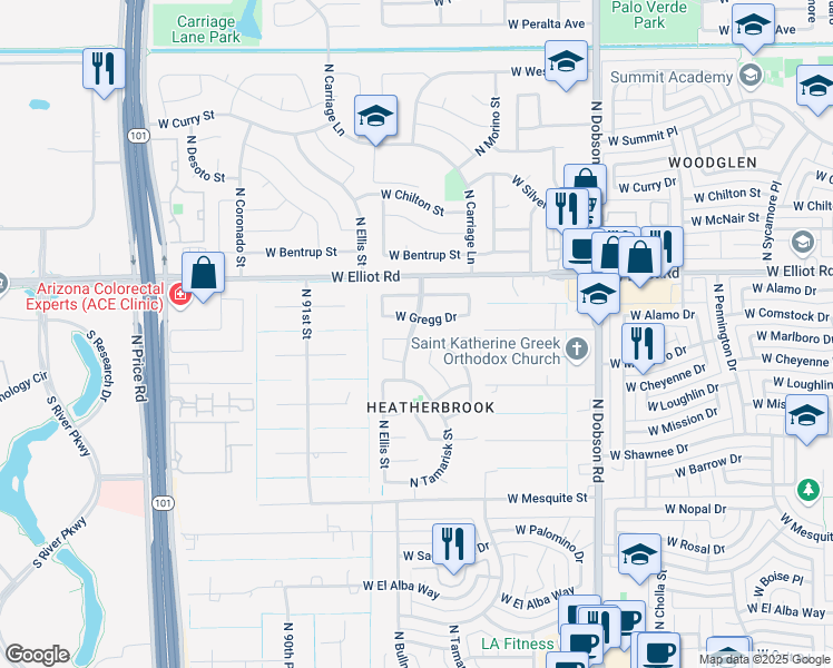 map of restaurants, bars, coffee shops, grocery stores, and more near 2341 West Gregg Drive in Chandler