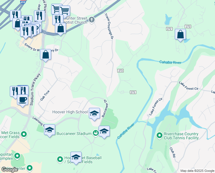 map of restaurants, bars, coffee shops, grocery stores, and more near 649 Trace Crossings Trail in Birmingham