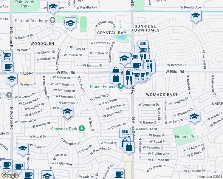 map of restaurants, bars, coffee shops, grocery stores, and more near 1200 West Cheyenne Drive in Chandler