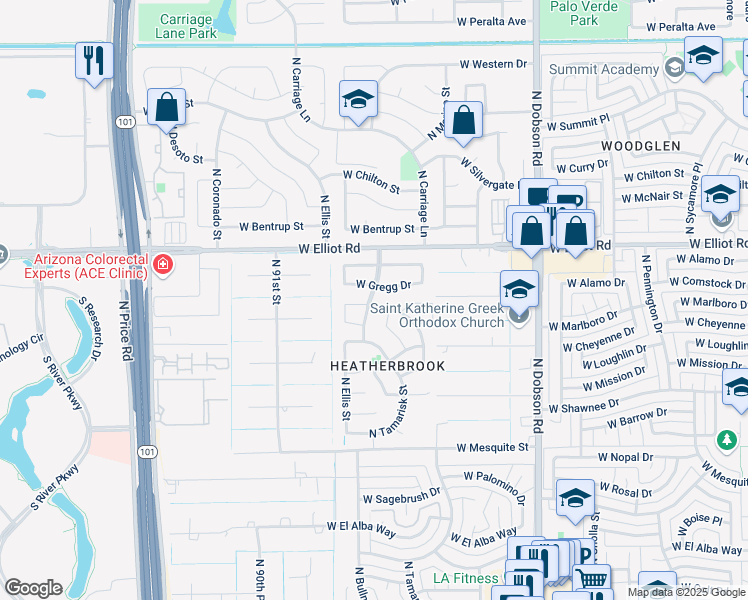 map of restaurants, bars, coffee shops, grocery stores, and more near 2341 West Gregg Drive in Chandler