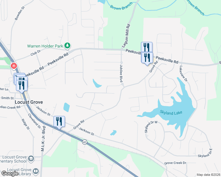 map of restaurants, bars, coffee shops, grocery stores, and more near 993 Celebration Court in Locust Grove