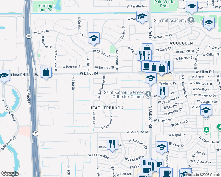 map of restaurants, bars, coffee shops, grocery stores, and more near 2321 West Gregg Drive in Chandler