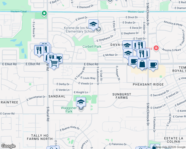 map of restaurants, bars, coffee shops, grocery stores, and more near 1232 East Krista Way in Tempe