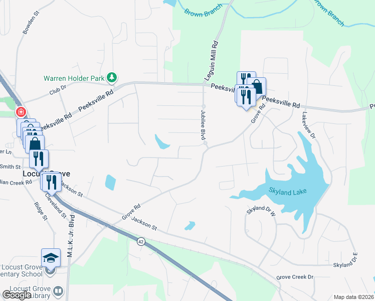 map of restaurants, bars, coffee shops, grocery stores, and more near 992 Celebration Court in Locust Grove