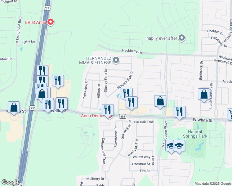 map of restaurants, bars, coffee shops, grocery stores, and more near 417 Niagara Falls Drive in Anna
