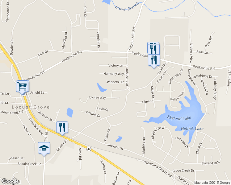 map of restaurants, bars, coffee shops, grocery stores, and more near 993 Celebration Court in Locust Grove